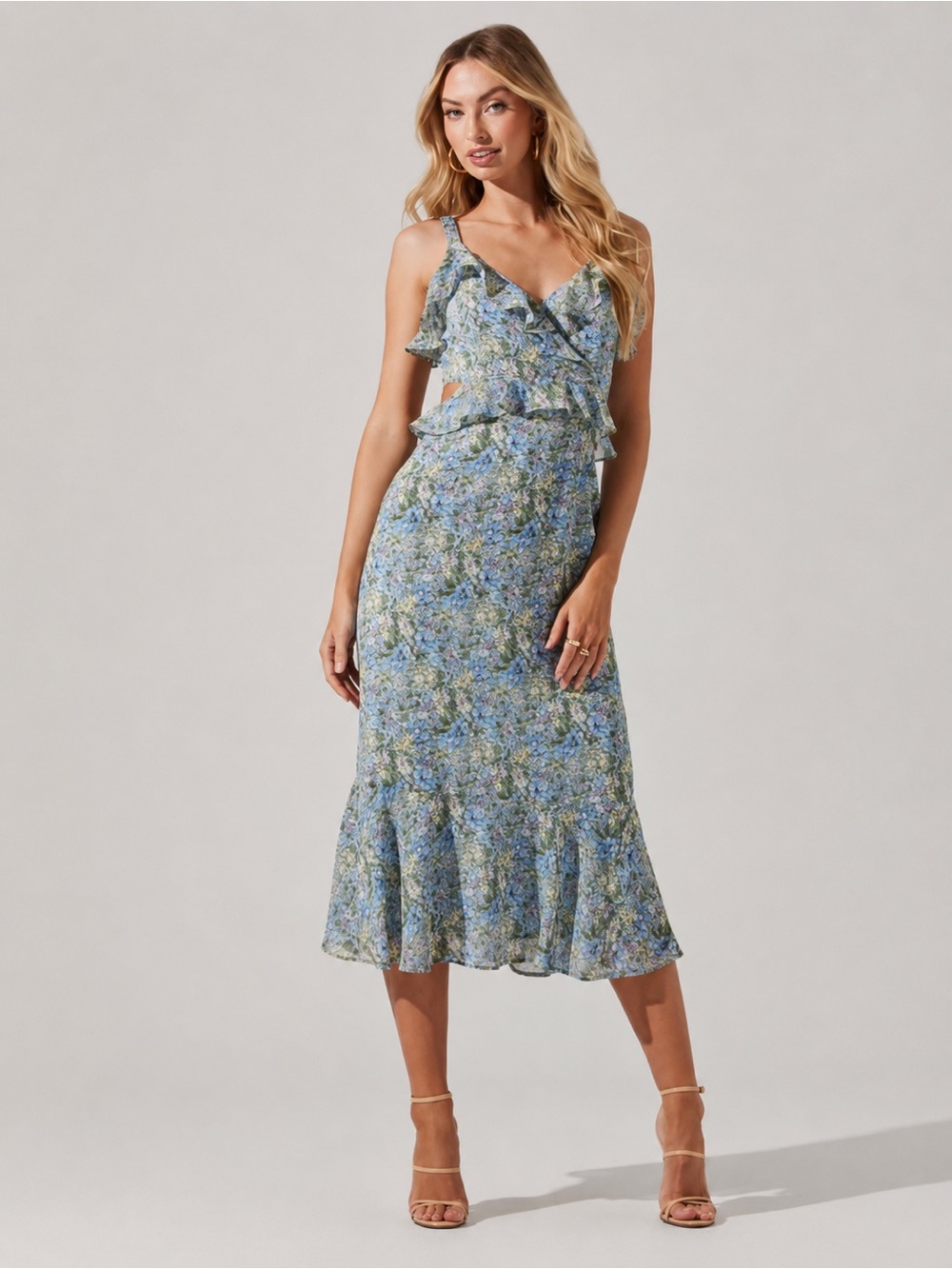 ASTR The Label Blue Floral Ruffle Cutout Midi Dress XL Wedding Guest Cottagecore